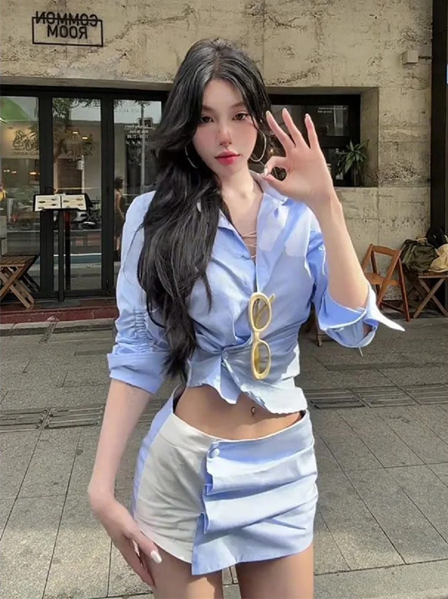 

Pure Desire Wind Two-Piece Blue Long-Sleeved Shirt Jacket Short Hip Skirt Female Summer New Design Sense Niche Suit