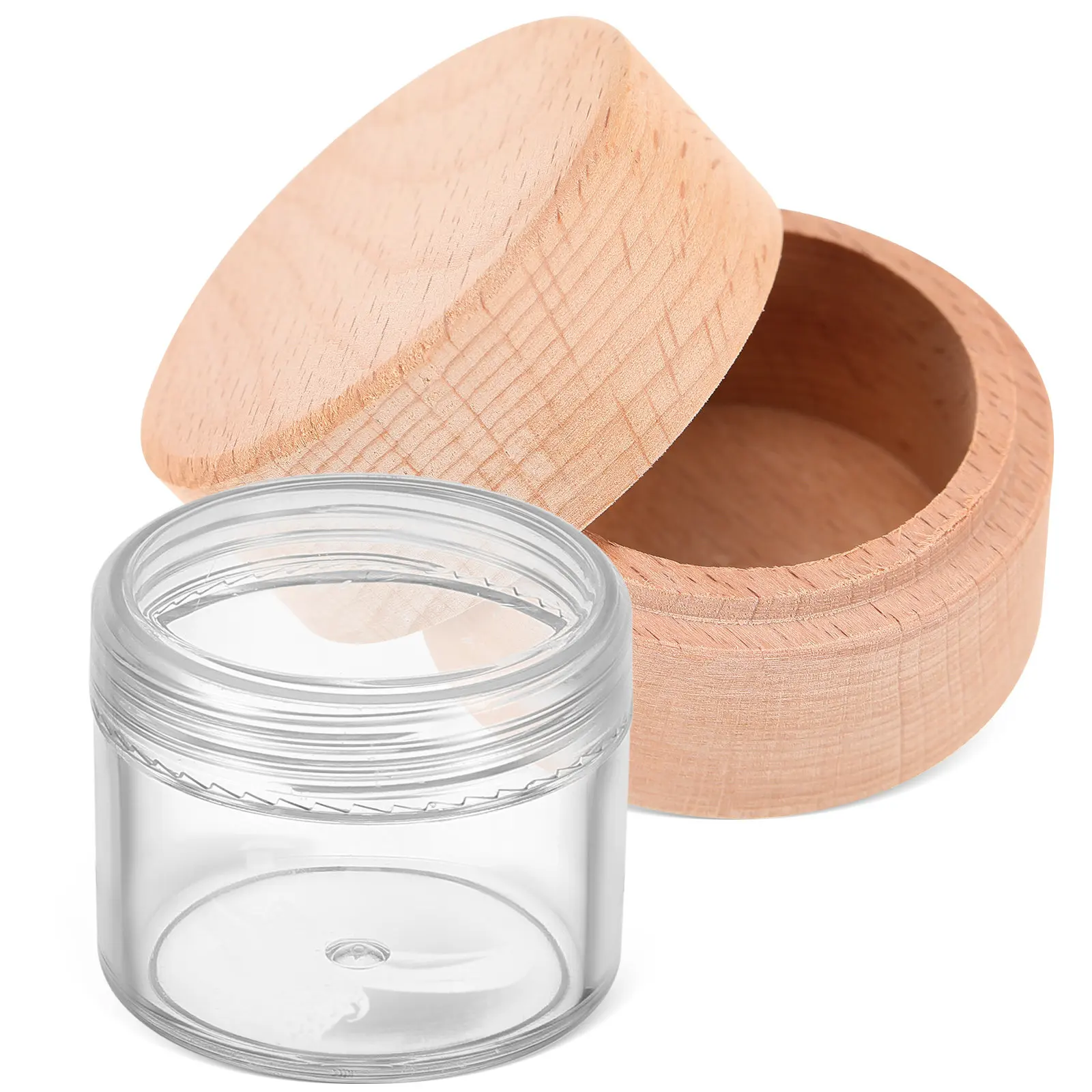 1Set Beech Wood Ring Holder Wooden Round Mini Jewelry Box Compact Small Ring Case Clear Lid Wedding Engagement Storage