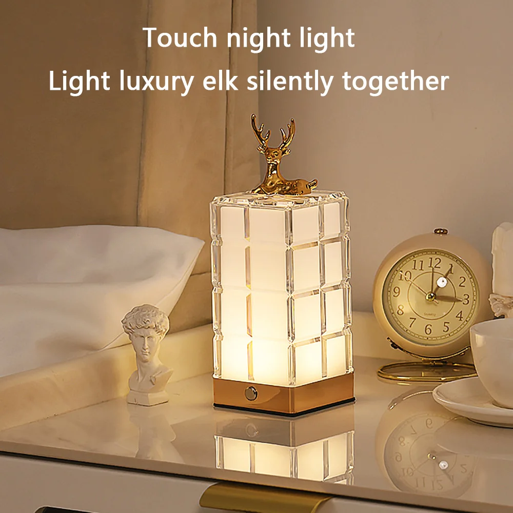 Lámpara de alce de lujo, luz LED de noche para dormitorio, lámpara de mesa pequeña romántica para dormir, decoración de cabecera, luz ambiental