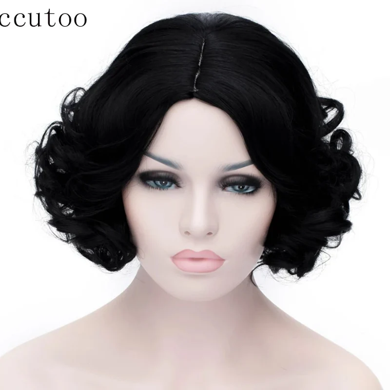 New 35cm Short Curly Black Synthetic Snow White Cosplay Wigs Heat Resistance Halloween Carnival Party Props