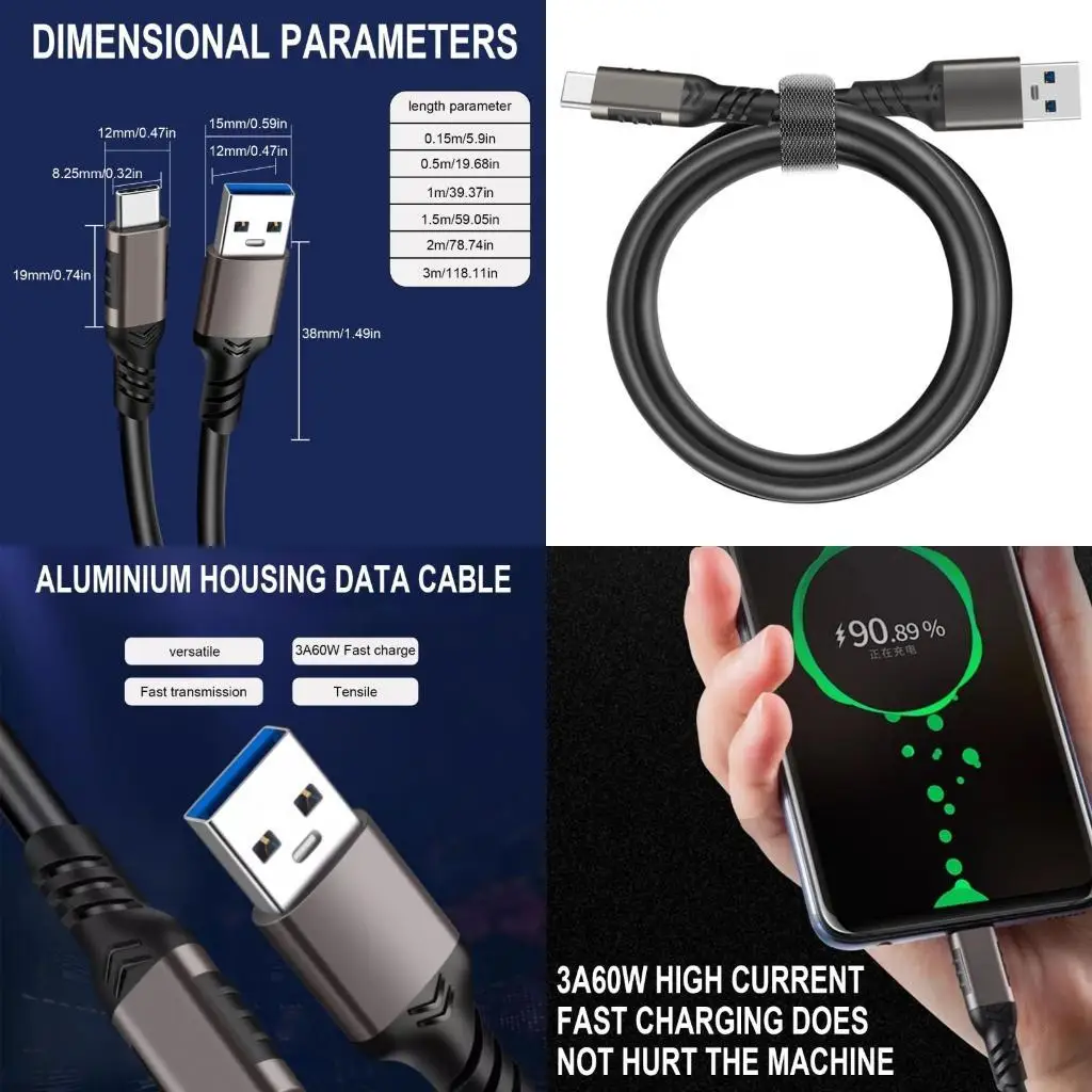 R53C USB3.2 كابل USB النوع A إلى USB C 3.2 كابل 10 جيجابت في الثانية نقل البيانات 3A 60W كبل الشحن