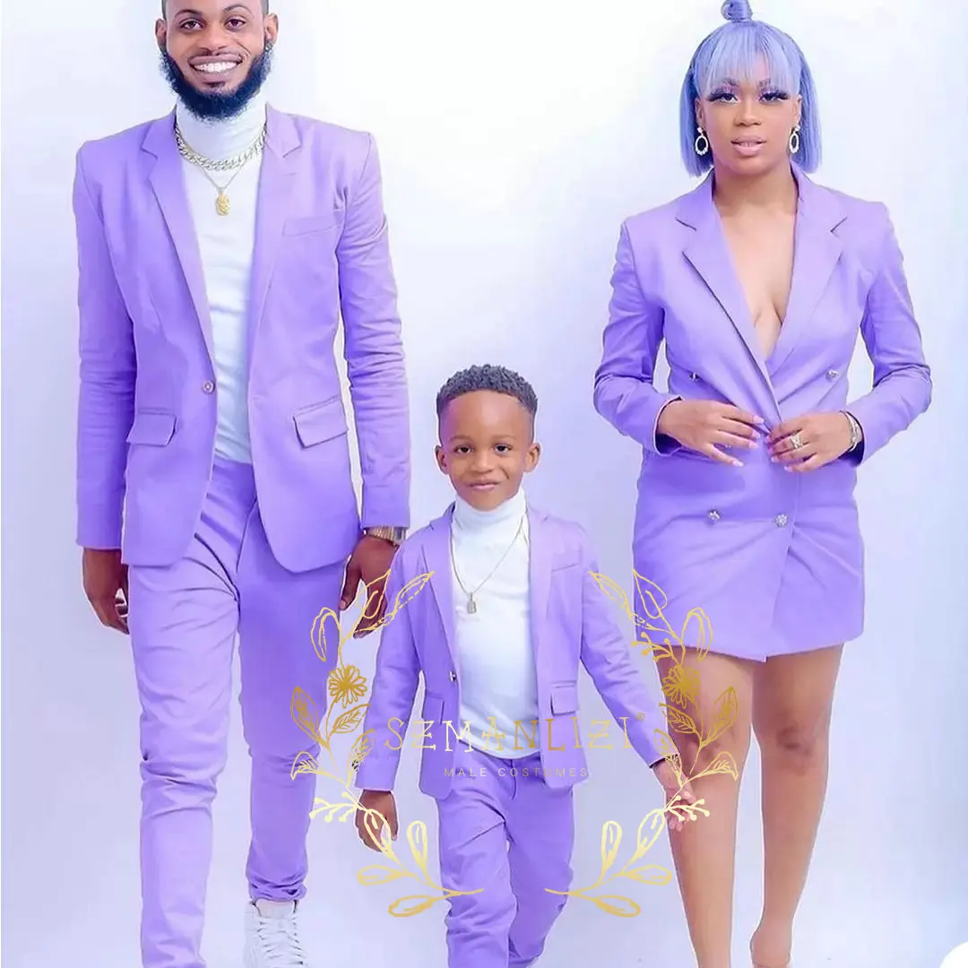 Handsome Boy Suits Set Formal Wedding Tuxedo Notched Lapel 2 Piece Light Purple Party Dress Kids Blazer Pants Costume