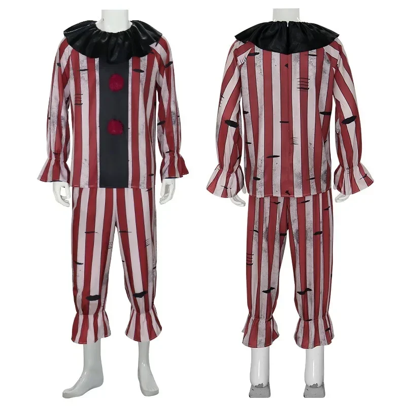 

Clown Cosplay Costume Nightmare Horror Evil Role Playing Uniform Black And Red Stripes Outfit Top Pants for Halloween