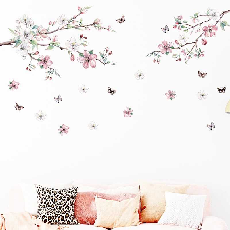 Pokój dziewczyn naklejki ścienne akwarela różowa brzoskwinia Blossom naklejki ścienne z motylem do salonu sypialnia kobiety prezenty Home Decoration