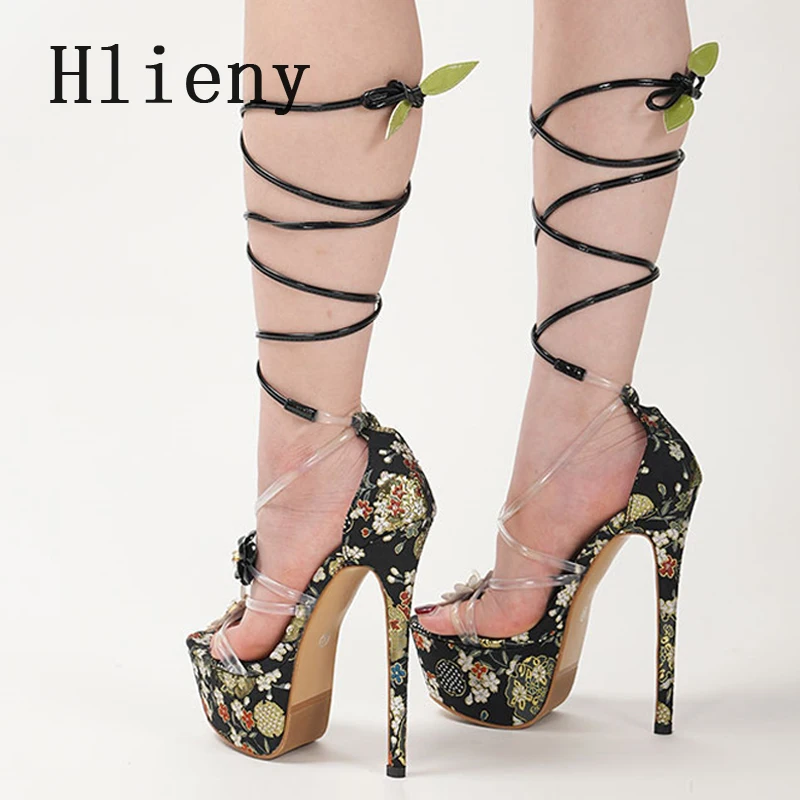 

Hlieny Street Style Print Flower Ankle Strap Platform Sandals Women Sexy Lace-Up Stiletto High Heels Nightclub Stripper Shoes