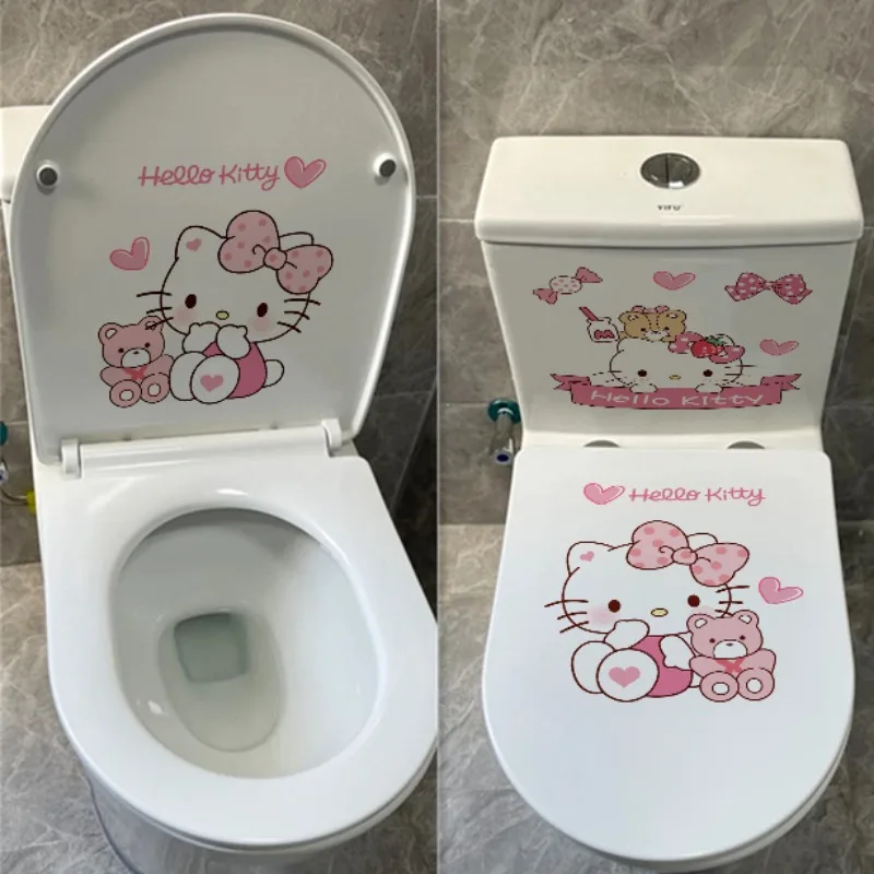 Kawaii sanrio olá kitty 3 peças adesivo de vaso sanitário tampa de vaso sanitário adesivo de parede decoração de vaso sanitário à prova d'água brinquedo artesanal