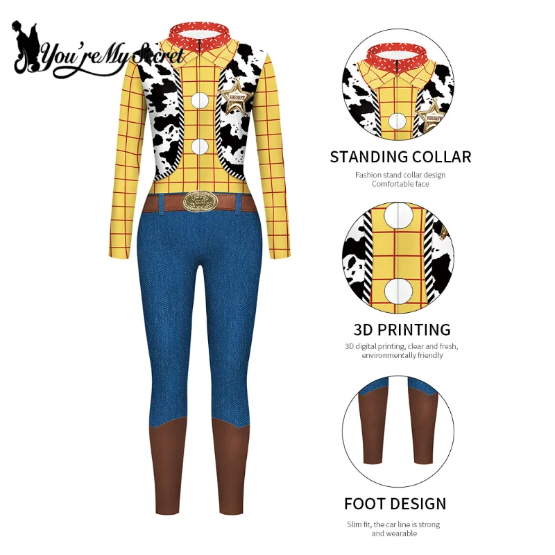 [You're My Secret] Men Woody Cosplay Bodysuit 3D Print Cowboy Cosplay Costume Front Zipper Jumpsuit Halloween Rave Party Outfit view 6