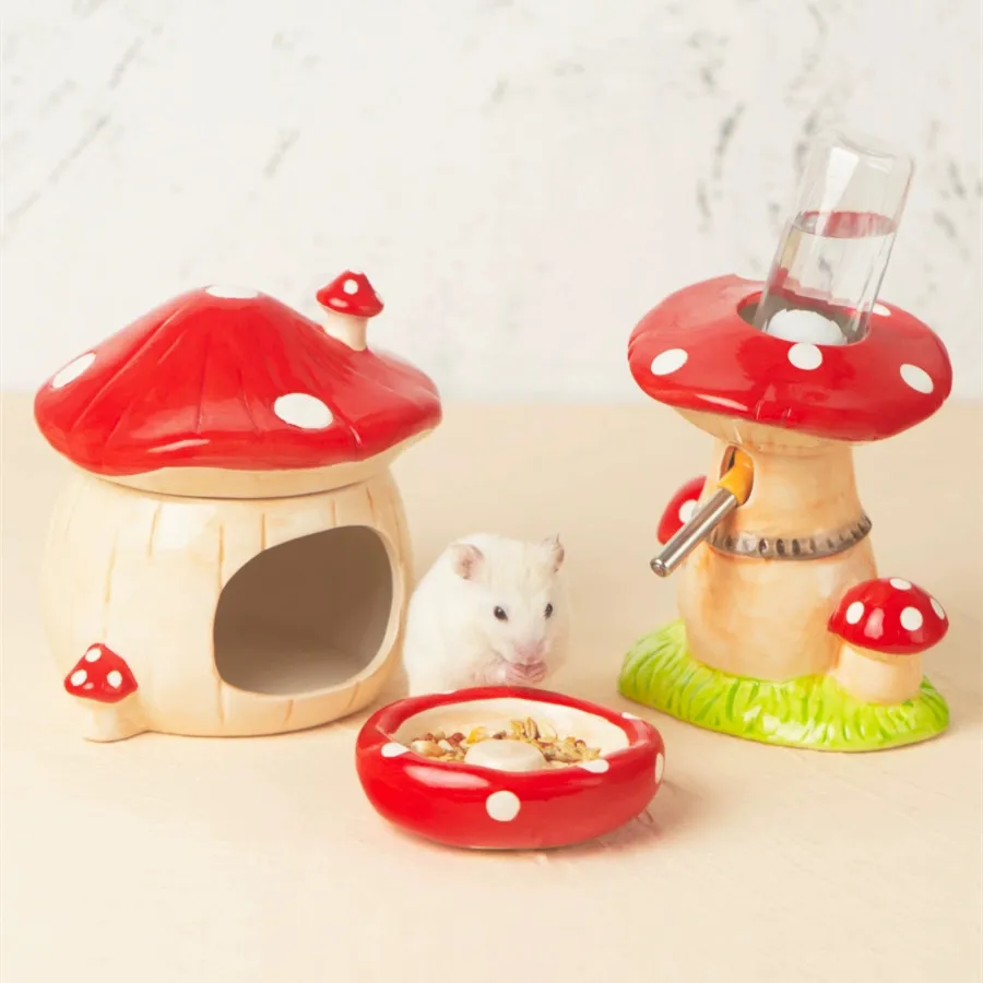 

2024 Cute Mushroom House Pet Items Hamster Cage Small Pet Bowl For Rabbit Ferret Chinchilla Pet Products Pet Water Fountain