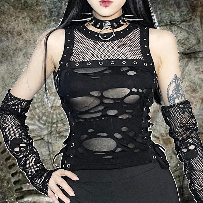 

2025 Summer Punk Rivet Style Nightclub Mesh perforated sexy transparent women's vest Top Womens Clothes Tank Tops