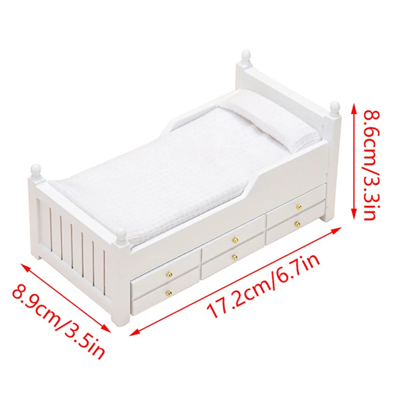 Lit Miniature pour maison de poupée 1:12, lit simple européen blanc avec tiroir, meubles de chambre à coucher, modèle de décoration, jouet, accessoires pour maison de poupée