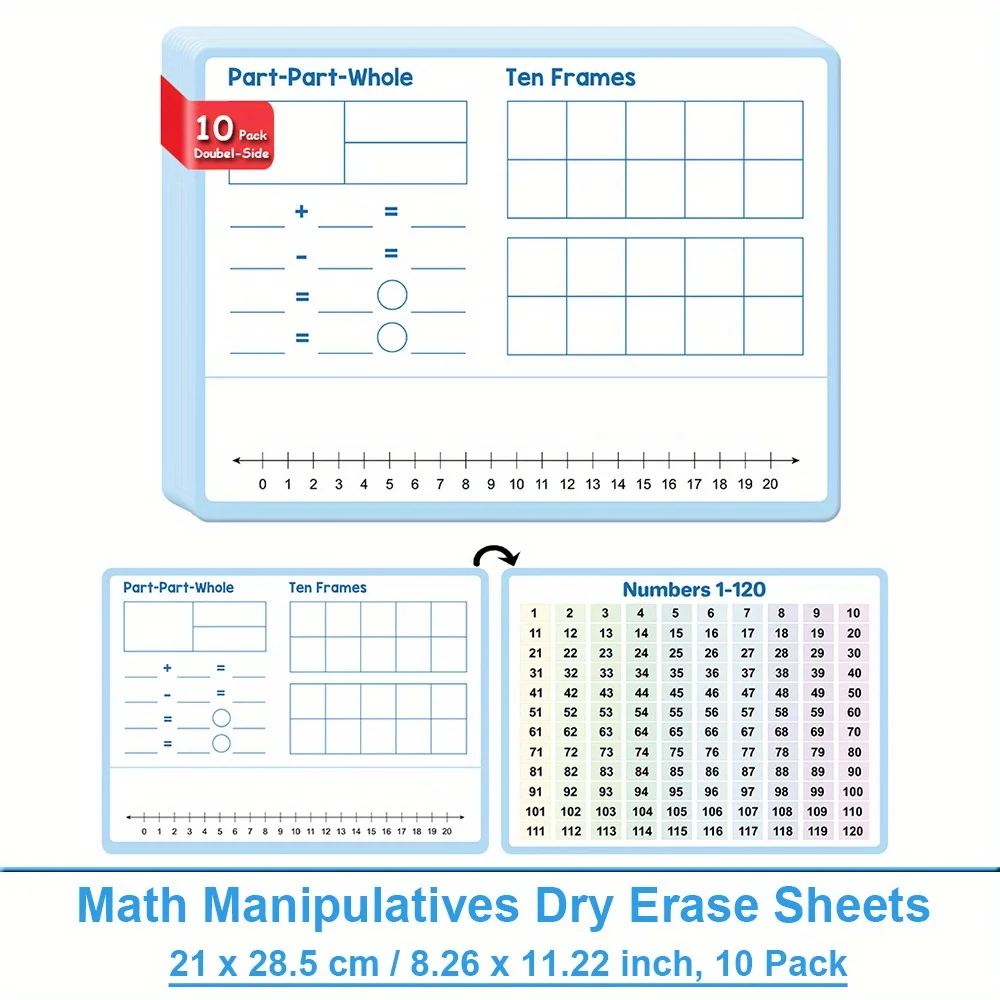10Pcs Numbers 1-120 Math Posters for Kids Double Side Number Line Ten Frame Addition Subtraction Educational Chart Teaching Aids