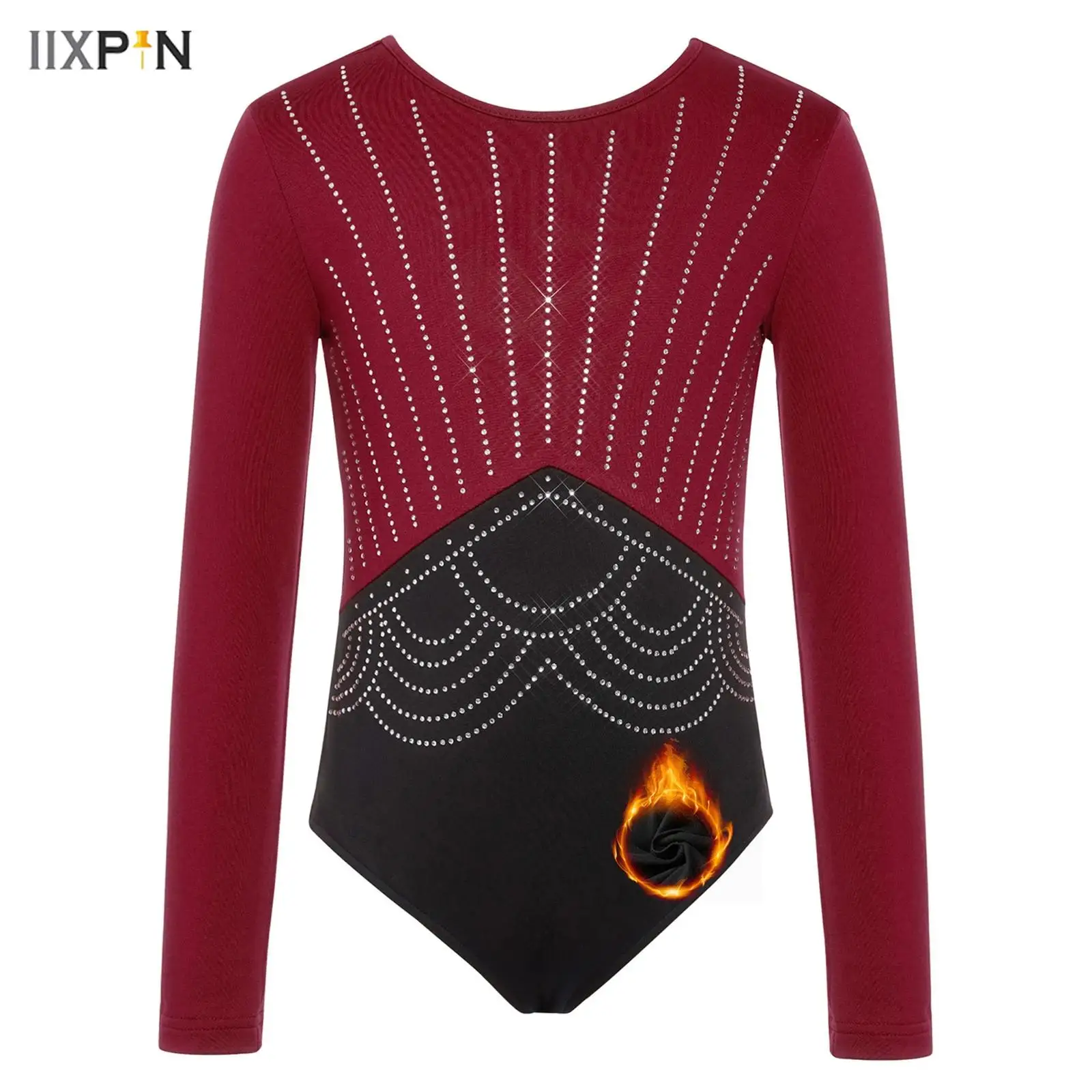

Kids Girls Fleece Lined Gymnastics Dance Leotard Figure Ice Skating Costume Long Sleeves Shiny Rhinestones Color Block Bodysuit