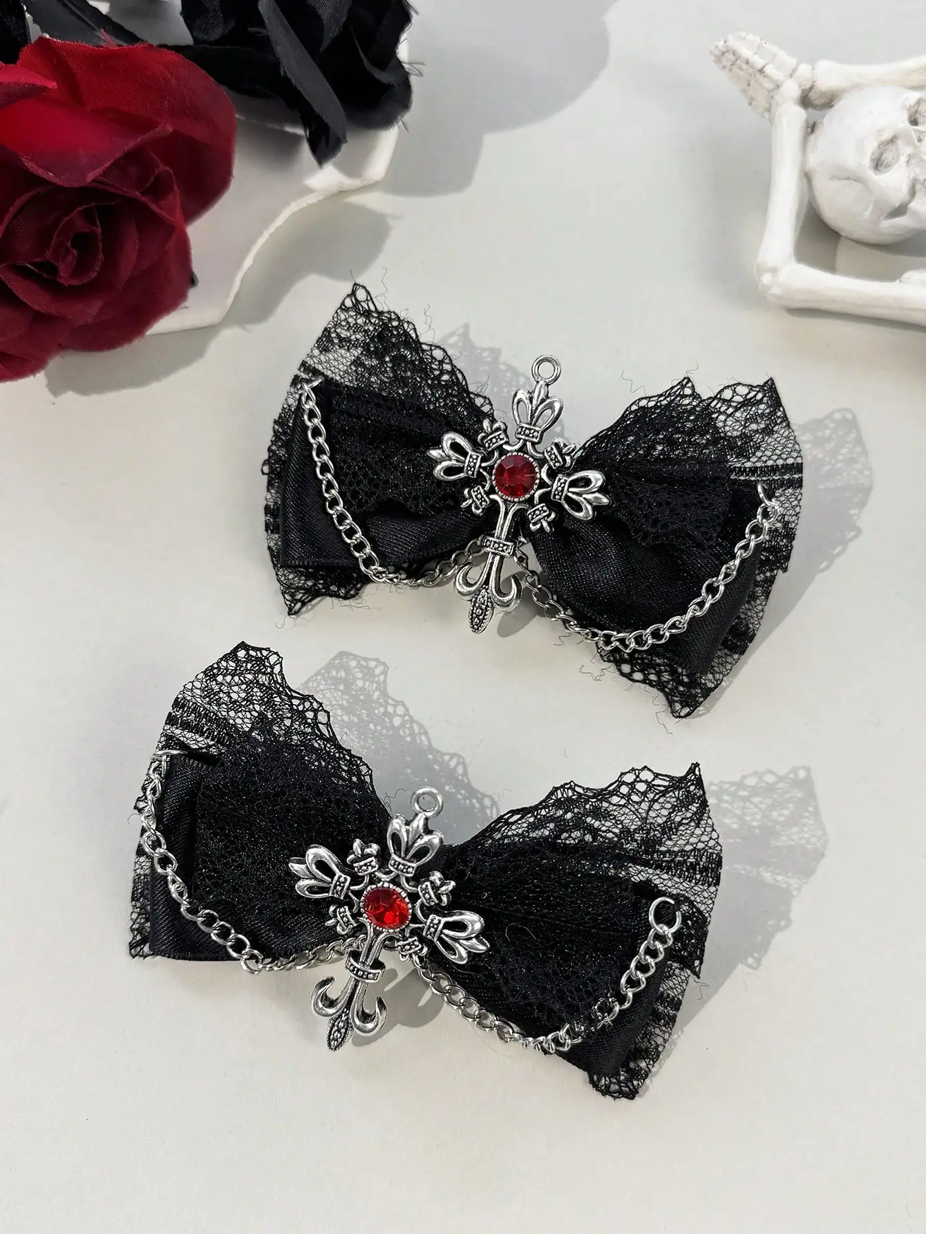 

2pcs Gothic Style Lace Ribbon, Dark-Colored Cross Chain Hair Clips & Accessories, Suitable For Holiday Outfits And Daily Wear For Gothic Fashion Enthusiasts,Summer,Travel, Head Accessories