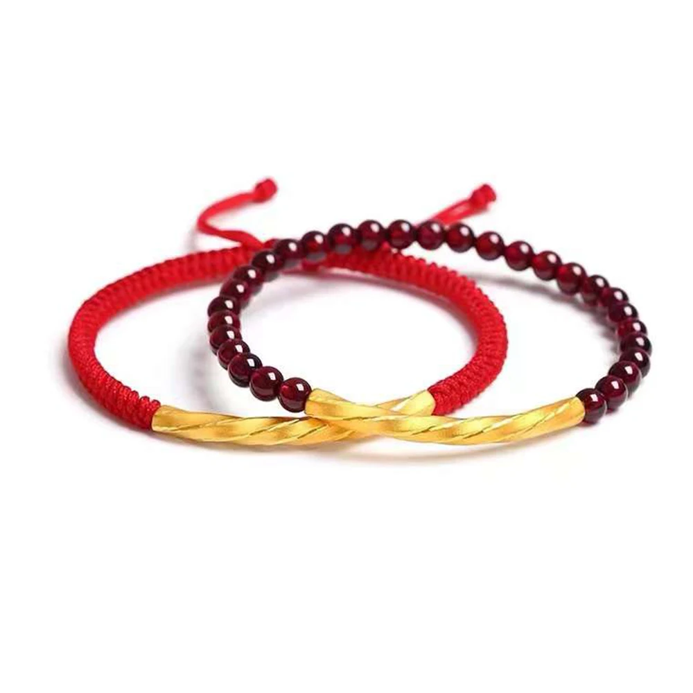 1pcs Pure 24K Yellow Gold Bracelet For Women Men 3D Carved Square Elbow Tube Handmade Red String Bracelet