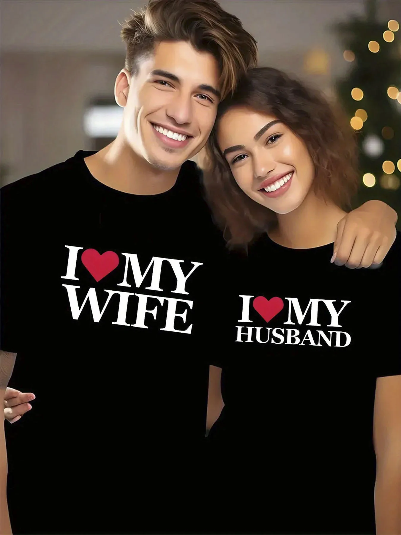 

His Hers Matching I Love My Wife I Love My Husband Couple TShirts Navy Blue Cotton Relaxed Fit Round Neck Tees with White Text