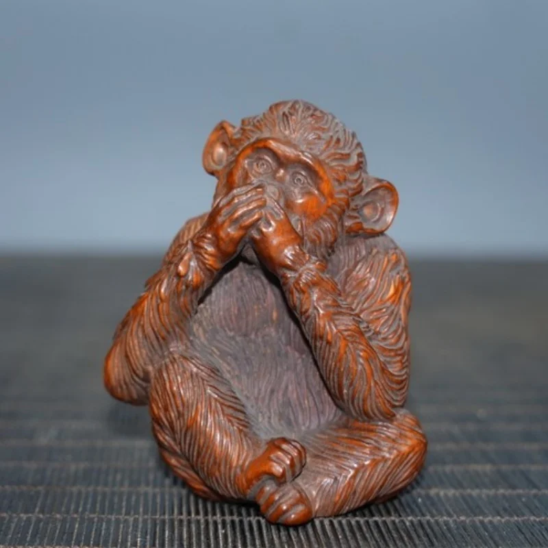 

2.8"Collect China Box-wood Carving Animal Monkey Cover Mouth 'No Comment' Statue