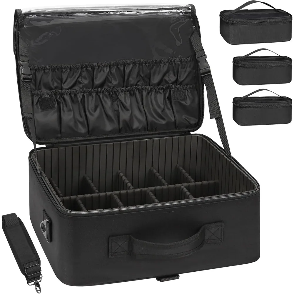 Large Makeup Bag with 3 Removable Pouches, Adjustable Dividers, Brush Holder & Shoulder Strap for Travel