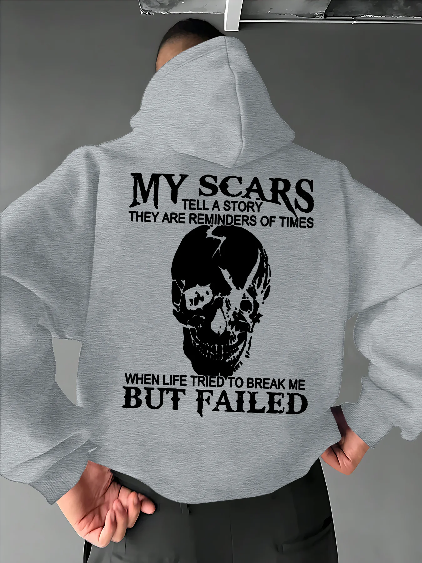 DarkGothic street-style men's vintage distressed hip-hop casual outdoor sports hooded sweatshirt with skull quote font art print