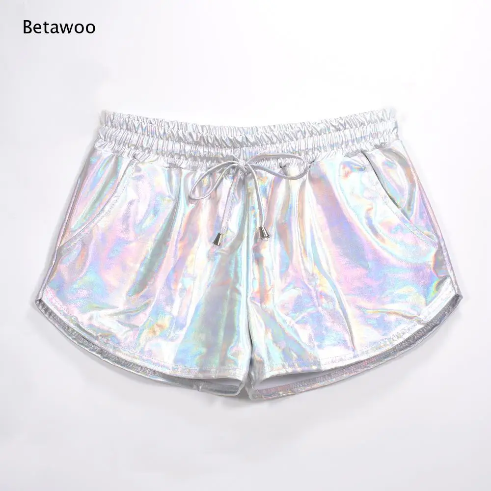 Women's Shiny Metallic Holographic Shorts Elastic Waist Drawstring Hot Pants for Festival Rave Party Dance Clubwear