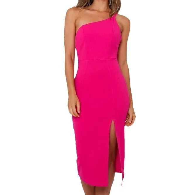 2025 봄/여름 새로운 오프 숄더 섹시한 가방 엉덩이 슬리밍 중간 길이 스트랩 드레스 8623