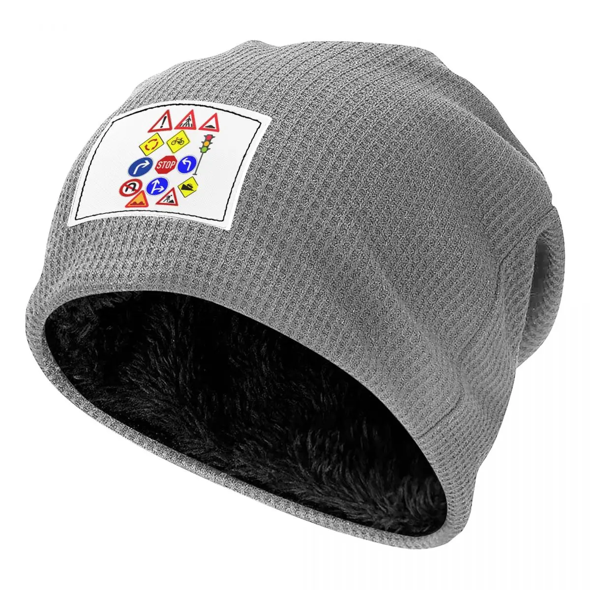 Traffic Signs 1 Waffle Knit Fleece Lined Beanie with PU Leather Patch Unisex Warm Winter Soft Cap