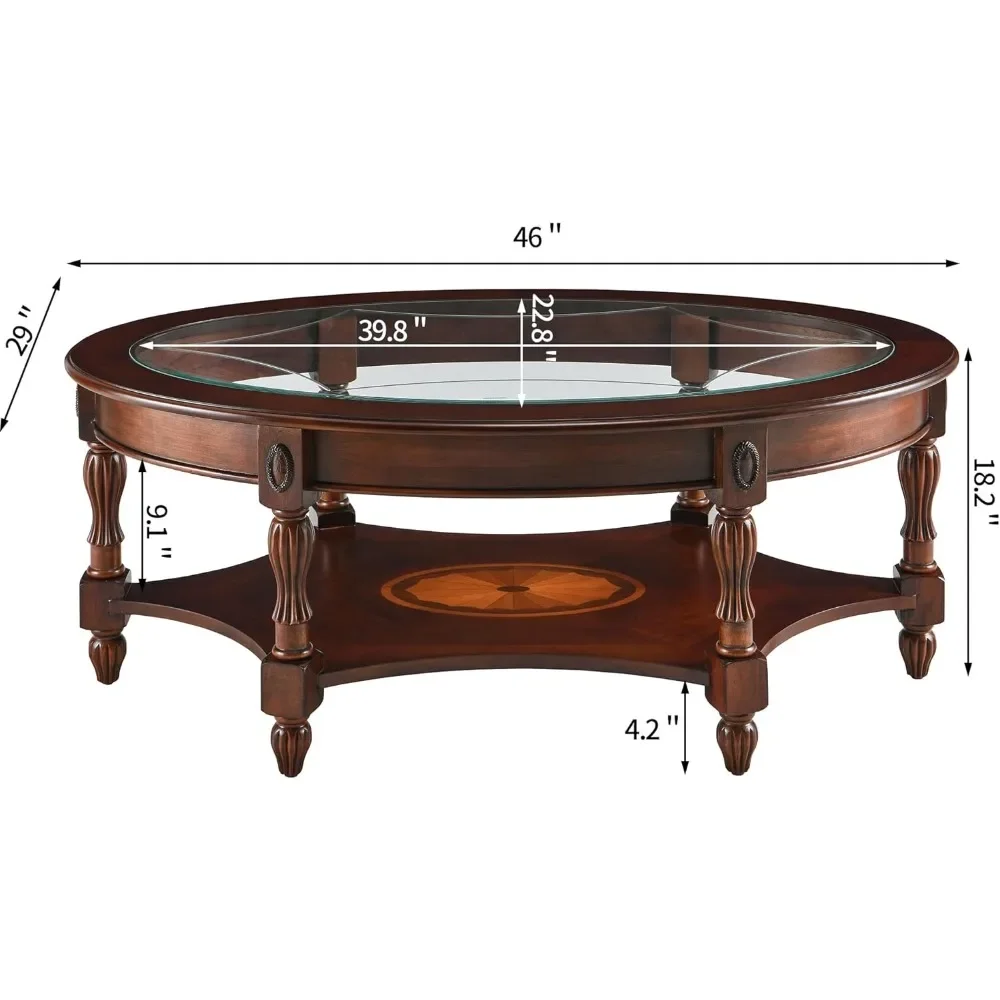 Oval Coffee Table for Living Room, Cherry Solid Wood Coffee Table with Glass Top, Victorian Antique Vintage Coffee Table