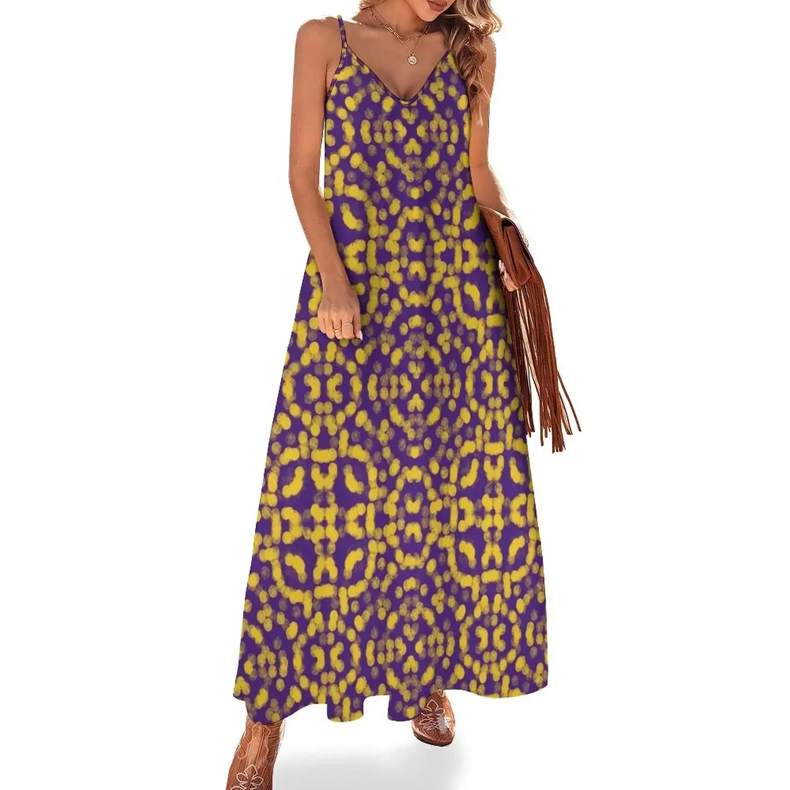 Artsy roxo e ouro amarelo jogo dayPattern vestido sem mangas vestidos casuais vestido longo feminino vestido de verão