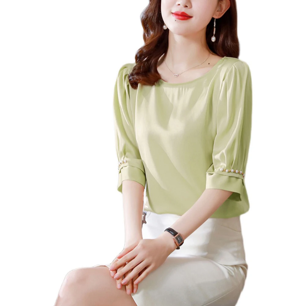 Summer Solid Satin Shirts For Women Fashion Puff Sleeve Beaded Blouses Women 2024 Korean Style Office Lady Simple Basic Tops