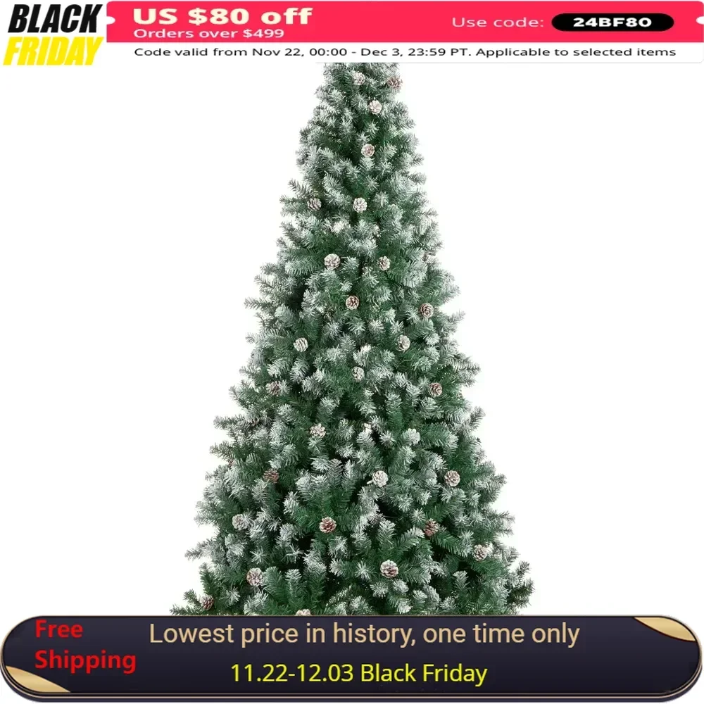 

12ft Pre-Decorated Holiday Christmas Tree W/ 4,188 PVC Branch Tips, Partially Flocked Design, Pine Cones, Metal Hinges & Base