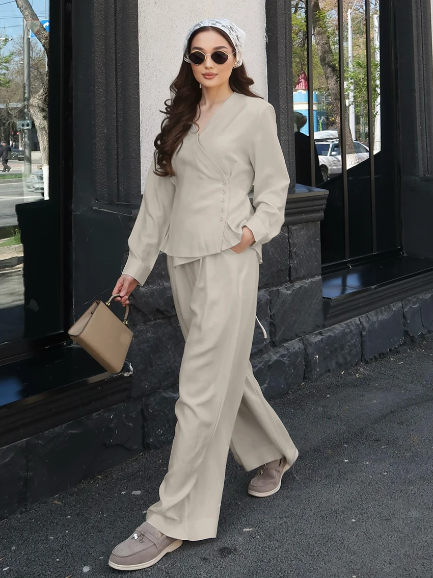 Marthaqiqi Casual Ladies Pajama Suit Long Sleeve Sleepwear Sexy V-Neck Nightwear Lace Up Pyjamas Pants Loose Femme Nightgown Set