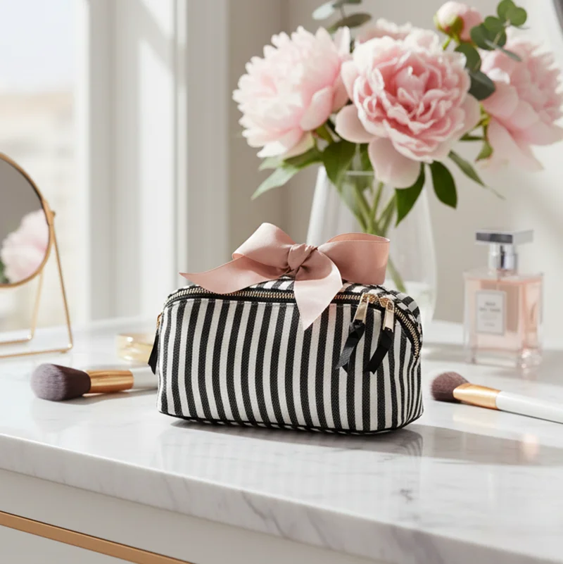 

Canvas Open Makeup Bag with Bow Tie Straps Trendy Storage Pouch for Beauty Essentials