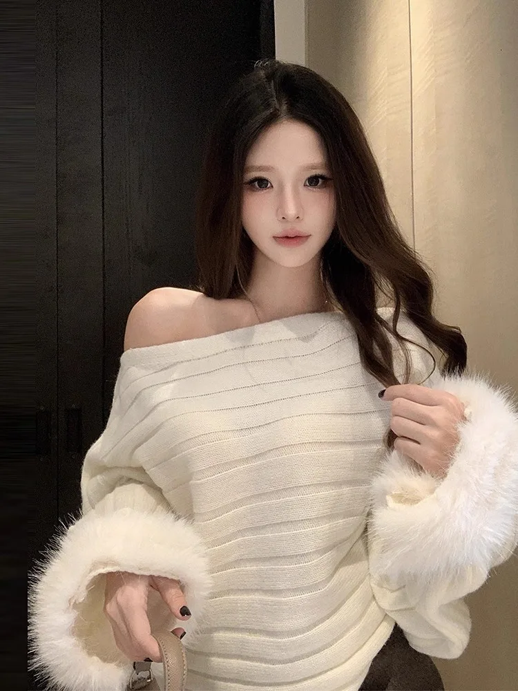 Lazy Long Sve Knitted Sweater Women's Loose Fit Sweet Sle oulder Slanting Furry Lap Opening Casual Daily Wear Top