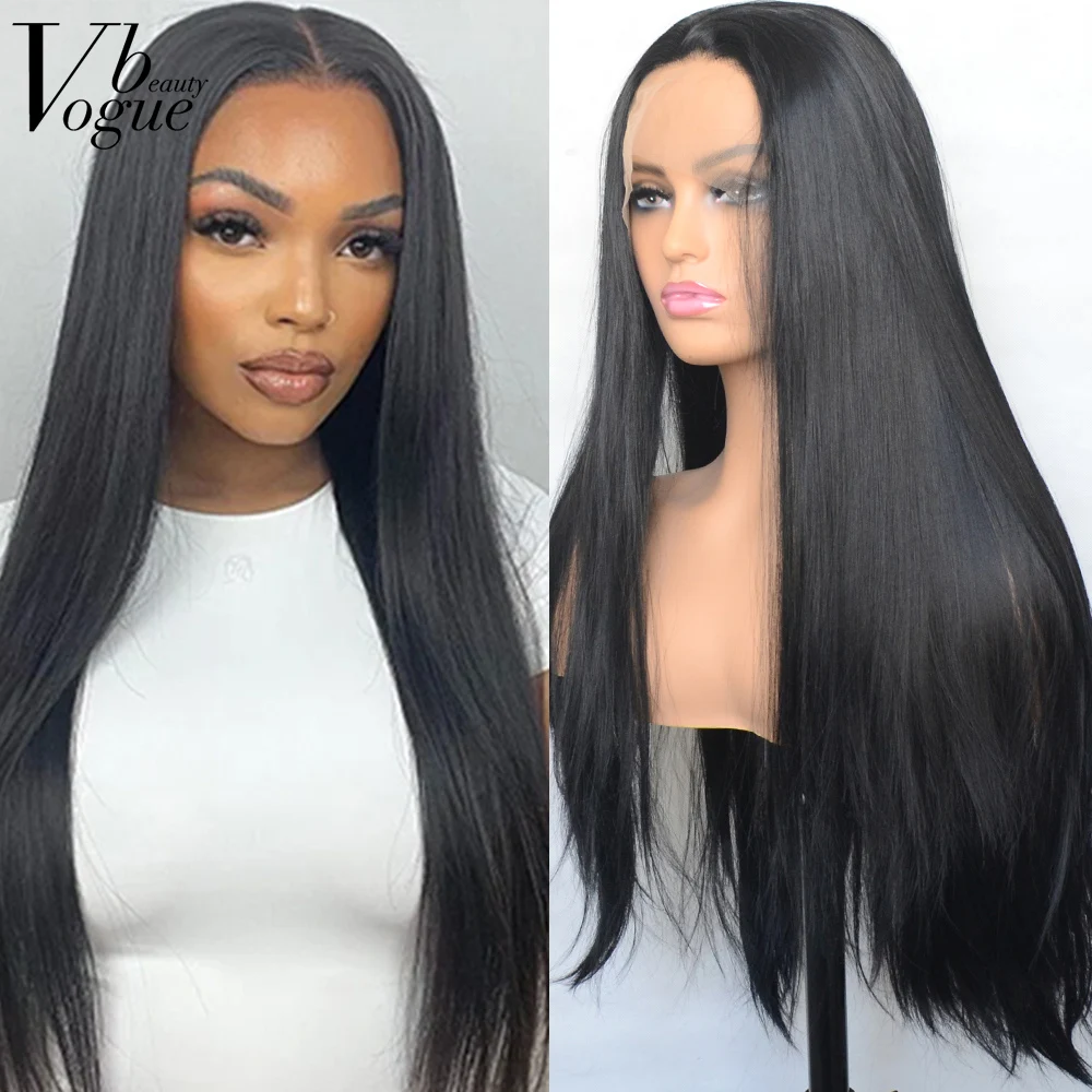 Voguebeauty 1B Natural Black Synthetic Lace Front Wig Silky Straight Heat Resistant Fiber Natural Hairline Cosplay For Women