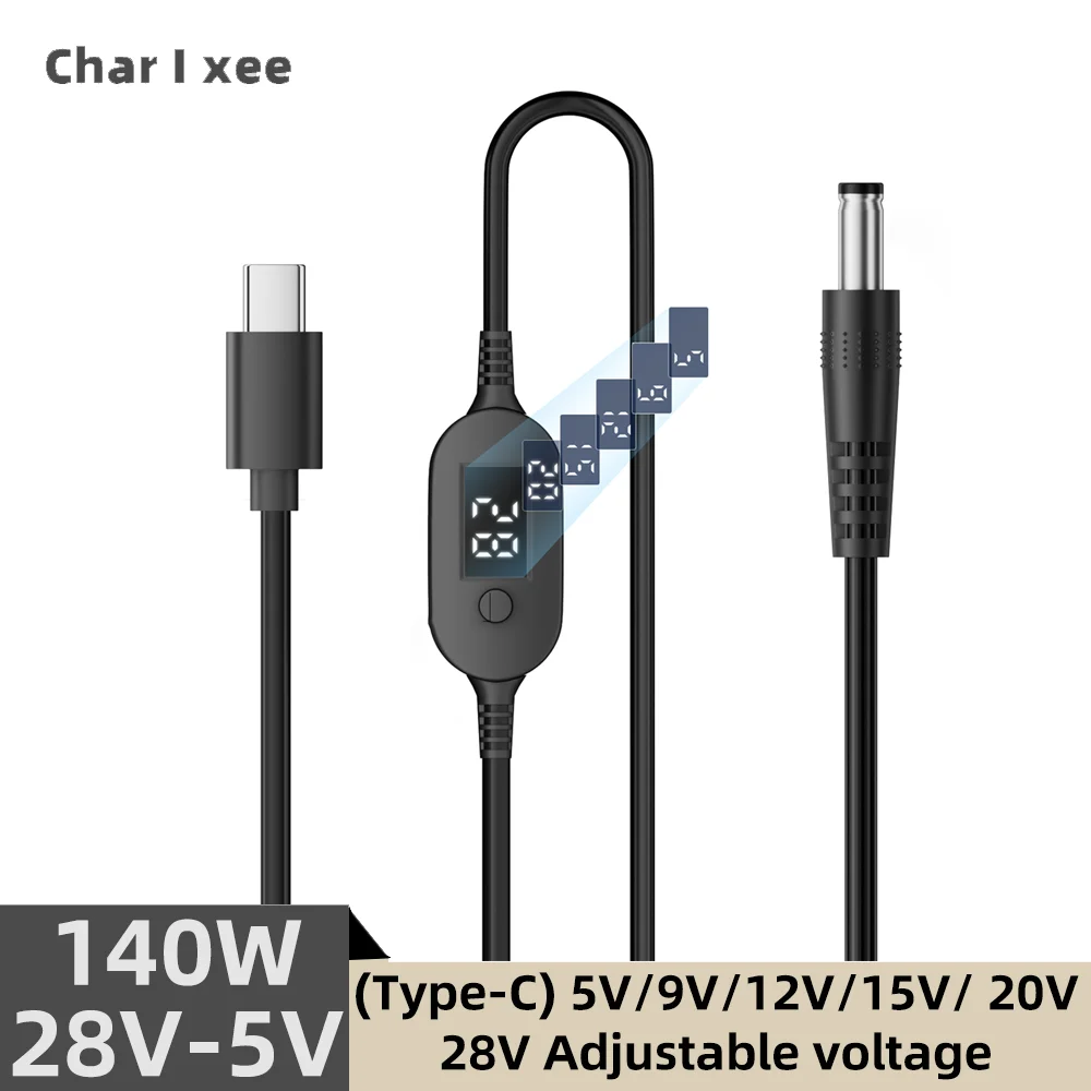 140W PD USB-C to DC Power Supply Cable Multi Voltage 5V-28V Adjustable Type C to DC Connector Cord for Laptop Router CCTV Camera