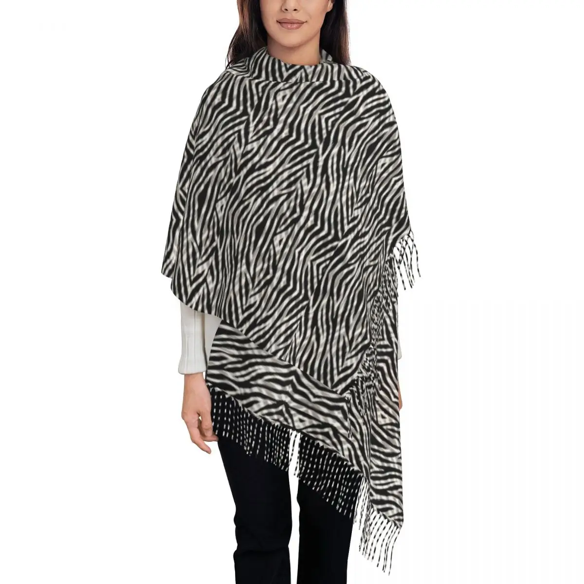 

Tribal Zebra Scarf Men Women Black White Stripes Head Scarves with Long Tassel Autumn y2k Funny Shawl Wraps Warm Bufanda Mujer