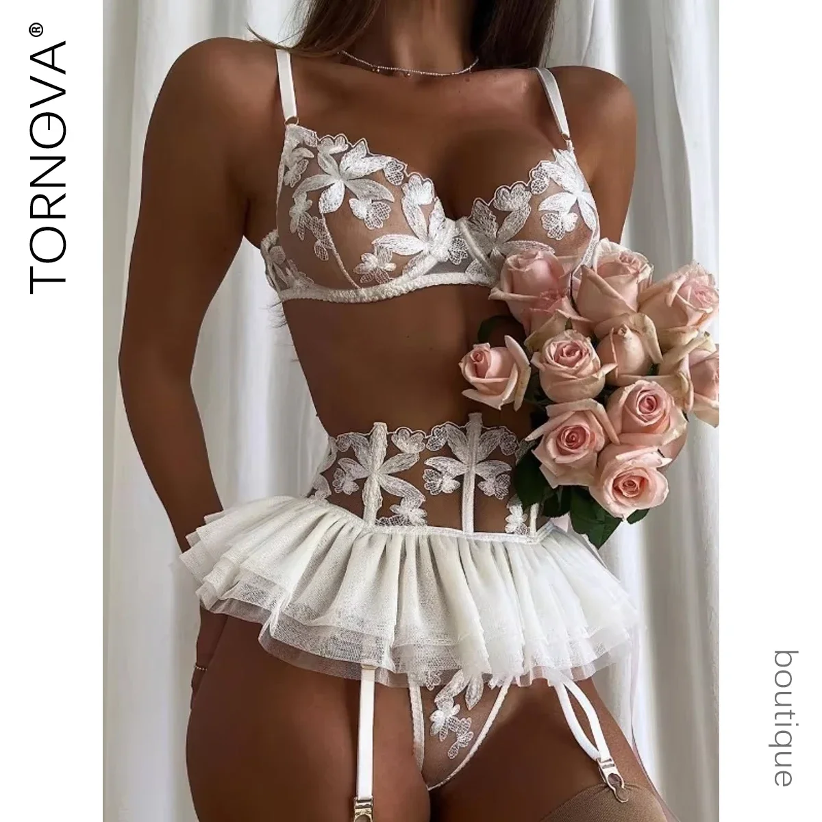 

Tornova 3 Piece Set Lingerie Garter Sets Lingerie For Woman Sexy Mini Skirt See-Through Embroidered Bra Erotic Underwear New