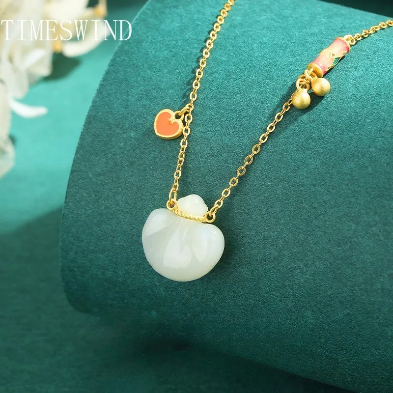 

TIMESWIND Original Jade White Natural Lucky Pendant S925 Bell Heart Women Fine Jewelry Necklace with Certificate