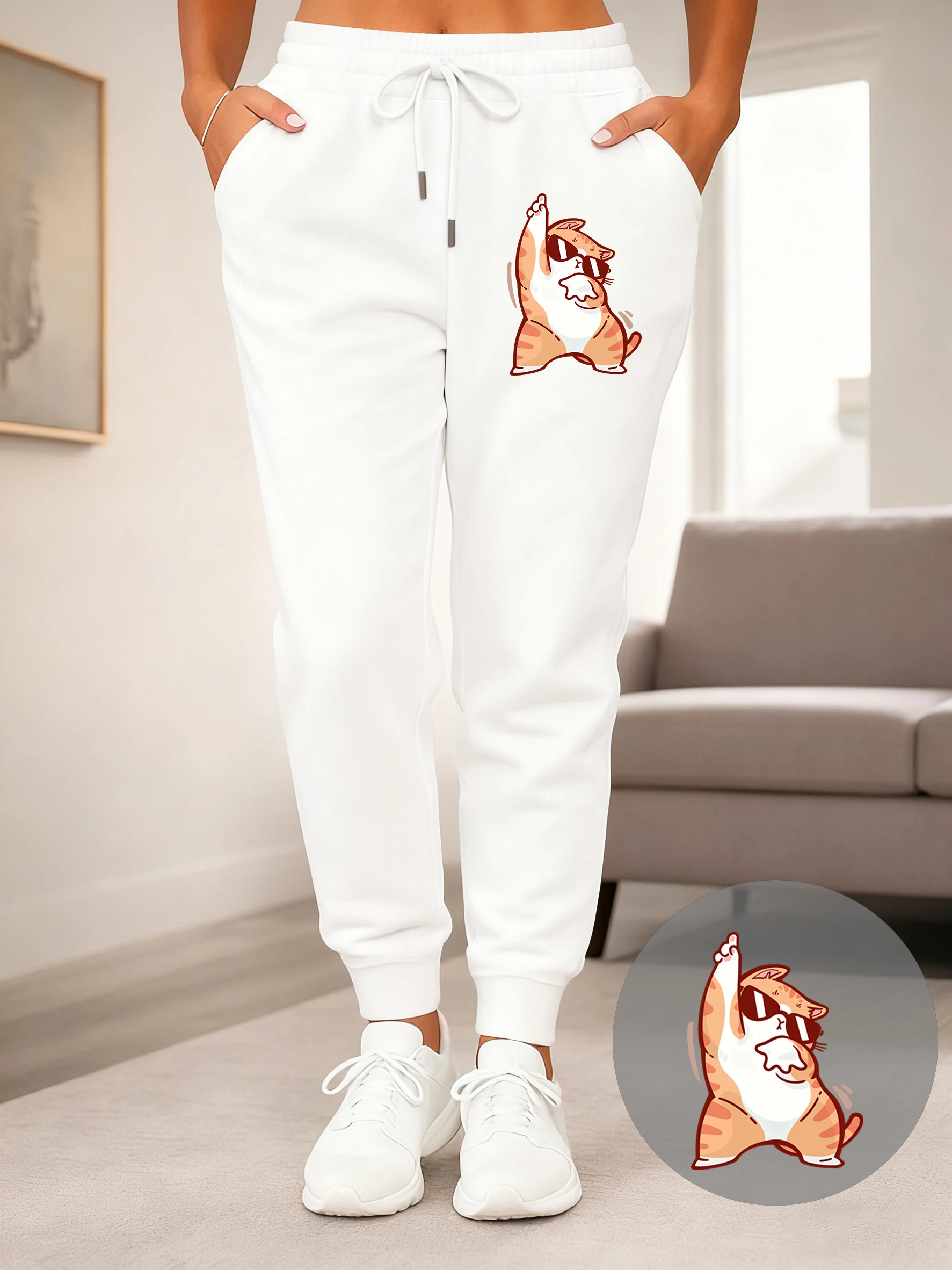 ハッピーダンシングキャットプリントレディーススウェットパンツ秋ヒップホップジョギングパンツY2Kポケットファッションパンツストリートオールマッチスポーツウェア