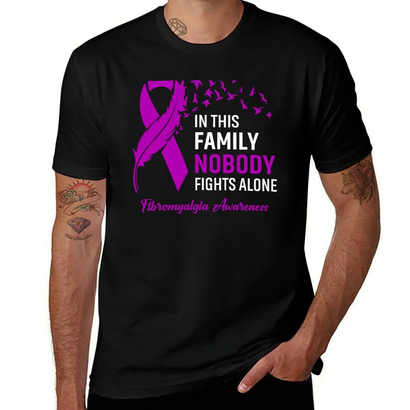 

In This Family Nobody Fights Alone Fibromyalgia Awareness Feather Ribbon T-Shirt