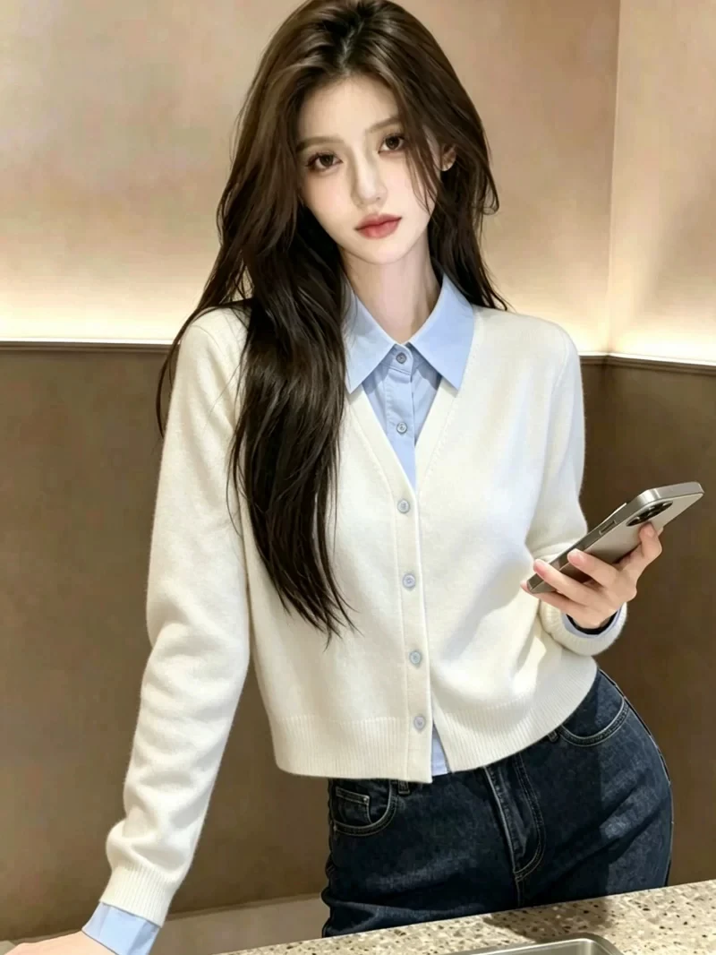 Color Block  Neck Knitted Cardigan Women's Autumn Winter New Style School Uniform Style Warm Top Self-Keeping Design