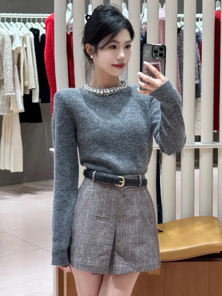 

Ele ort Knitted Sweater with Diamond Embelliment round Ne Long Sve Women's Top for Autumn Commute Simple Sle