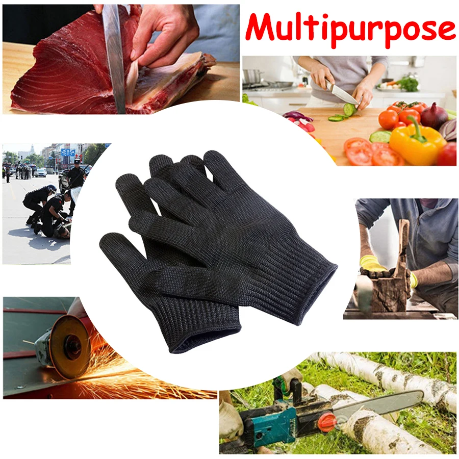 1 par de guantes negros resistentes a cortes, guantes protectores de fibra metálica L5 de grado Industrial para cuchillo, equipo de protección laboral de vidrio