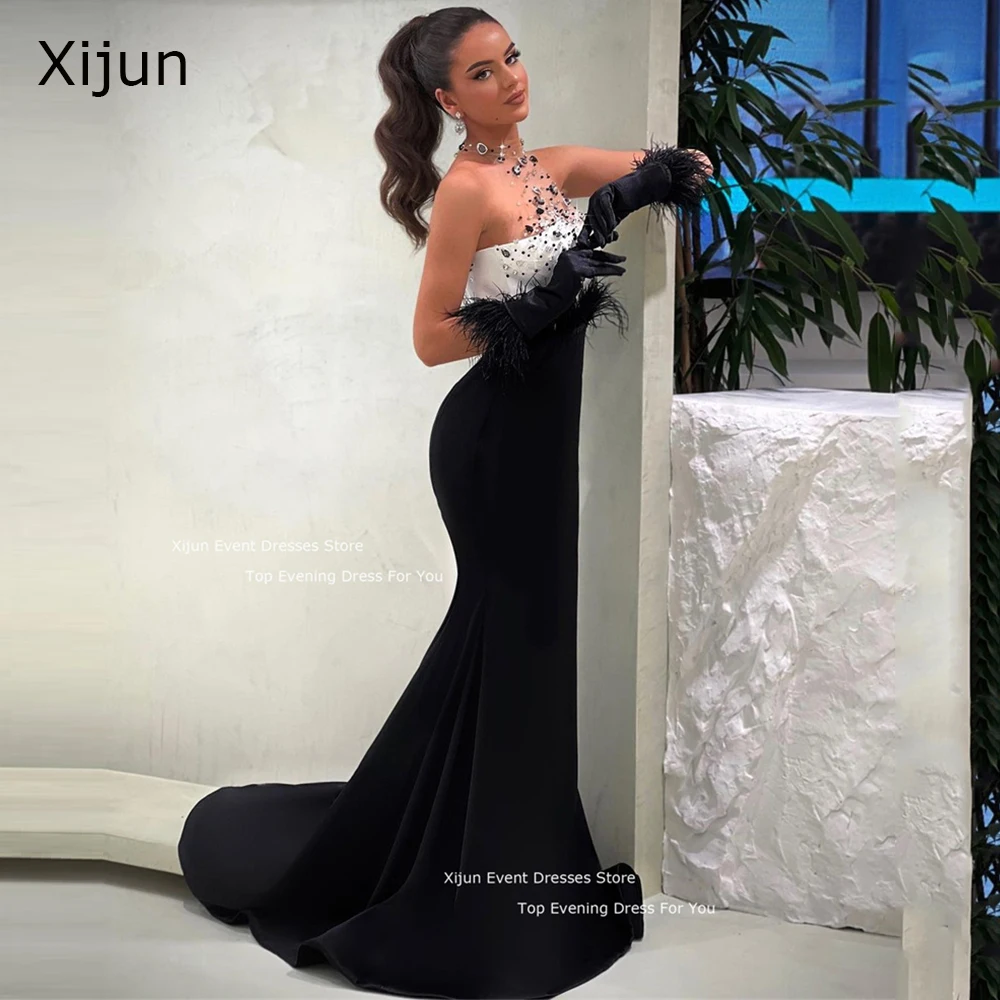 Xijun Sexy Mermaid Evening Dresses Long Formal Saudi Arabric Prom Dresses Gogerous Crystal Prom Gowns Dubai Feather Party Gowns