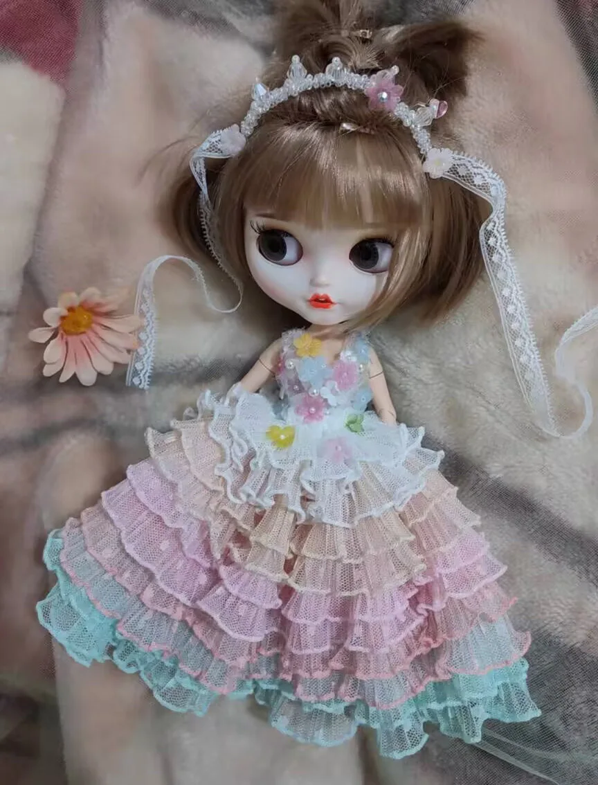 2pcs Kawaii rainbow style Blythe/landoudou Hair accessories+fringed dress (Fit for azone,Pullip,Ob22,24,26, Licca)