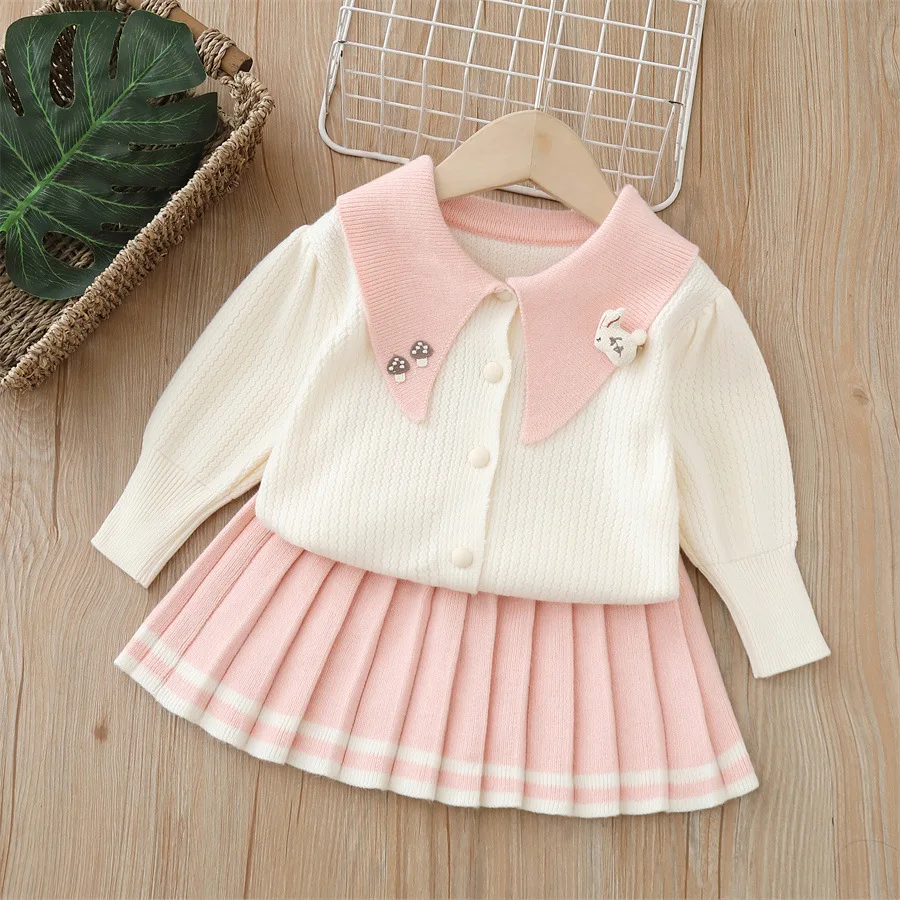 

Girls Knitted Clothes Sets Spring Autumn Children Woolen Jersey Sweaters Tops Skirts Party Dress Suit For Baby Outfits Kids 5 6Y