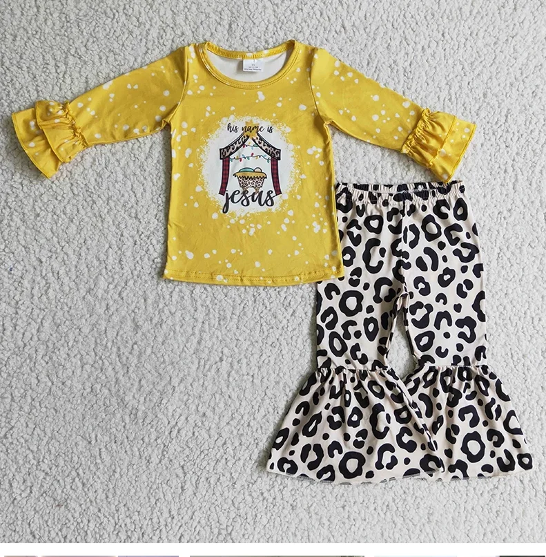 

Christmas Nativity Jesus Set Long Sleeve Leopard Infant Bell Pants Kid Children Toddler Holiday Outfit
