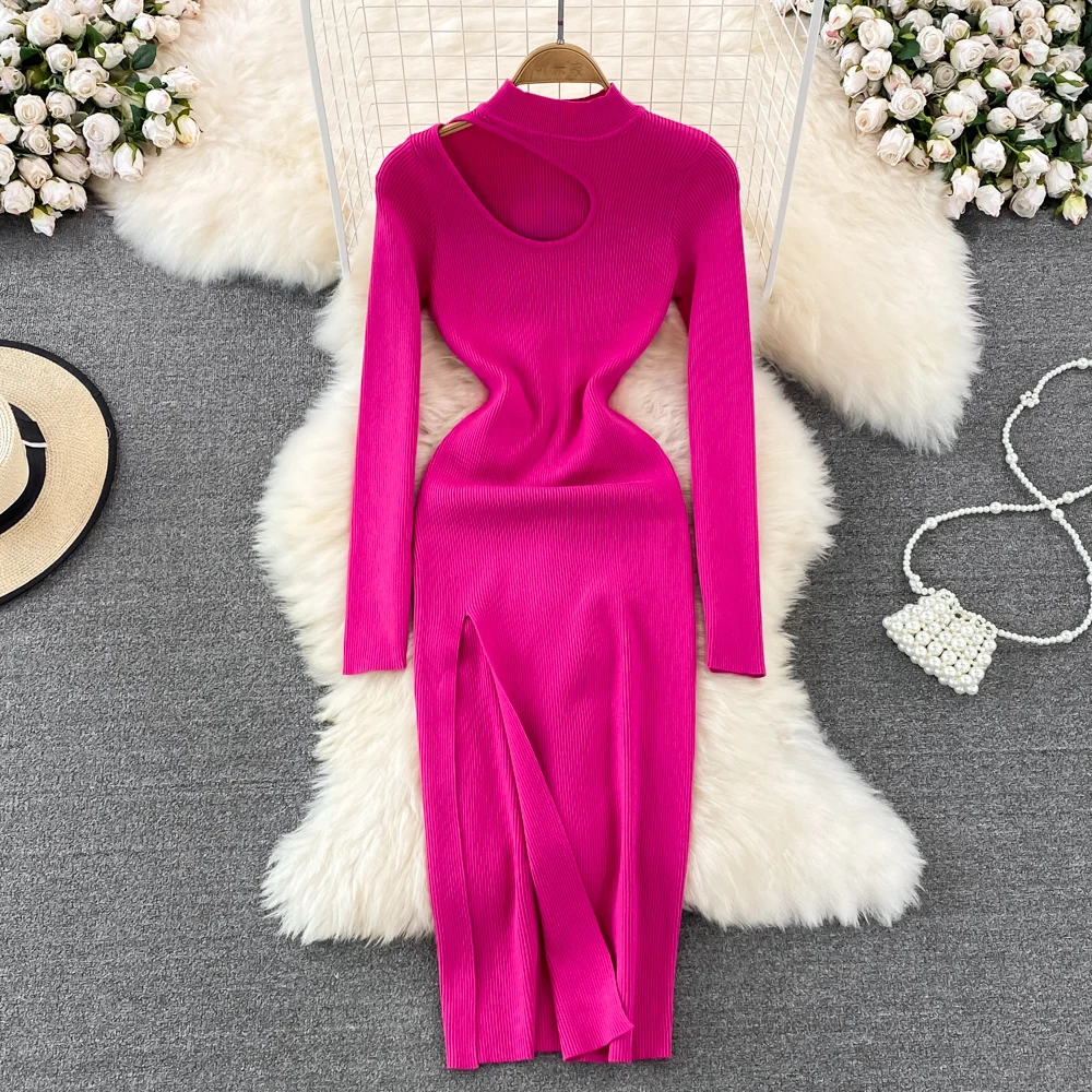 Women Chic Elegant Hollow Out Long Sleeve Split Bodycon Dress Sexy Fashion Knit Vestidos Elastic Slim Hip Wrap Sweater Dress