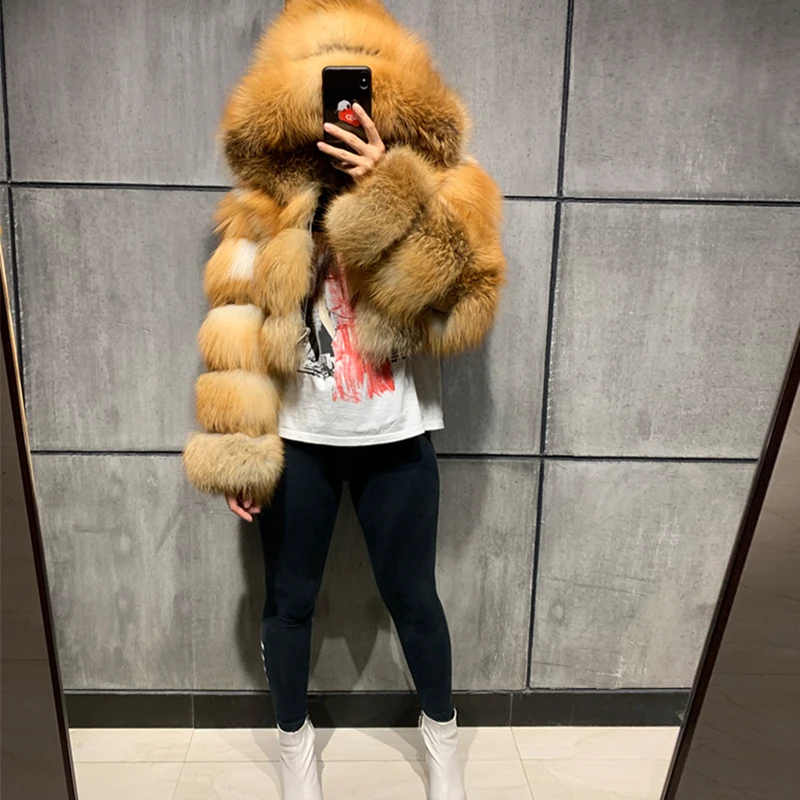 Free Shipping Short Hooded Cropped Women Real Cropped Fur Jacket Fox Fur Coat