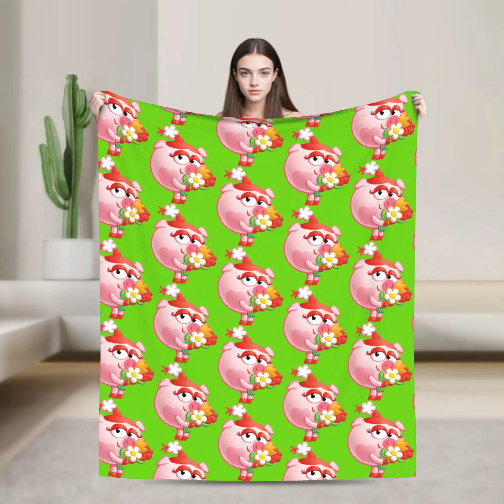 Kikoriki Nyusha Pig Holding Flowers Blankets Adults  Flannel Throw Blanket For Sofa Home Warm Custom Quality Bedspread Gift