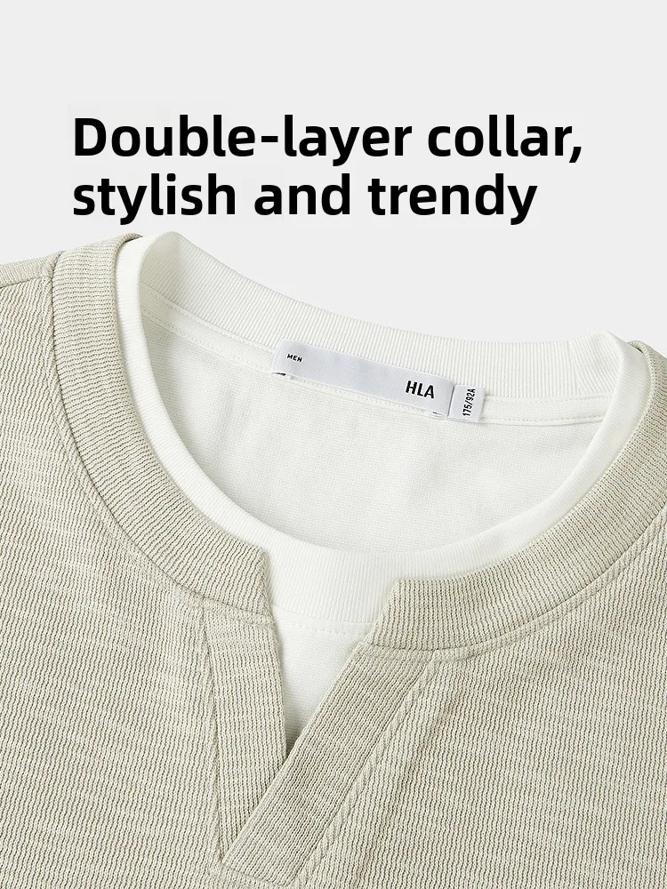 HLA Sea Home Mountain Not High Series Hoodie Double Layer Collar Embroidered Long Sleeve Men's Casual Knitted Polyester Cotto...